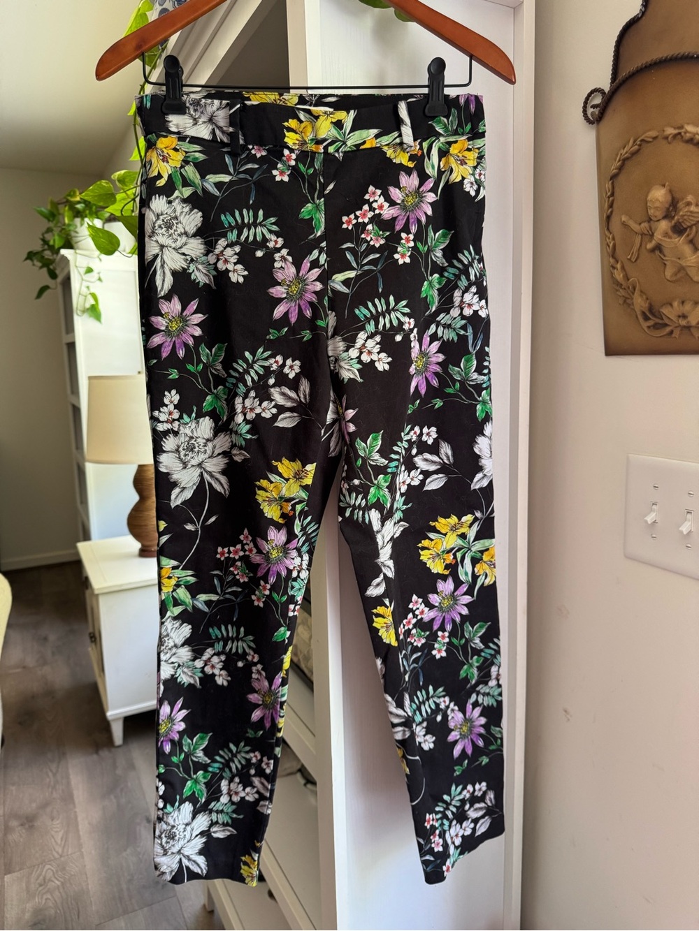 H&M Black Floral Print Pants - Yellow, Purple, Green, White